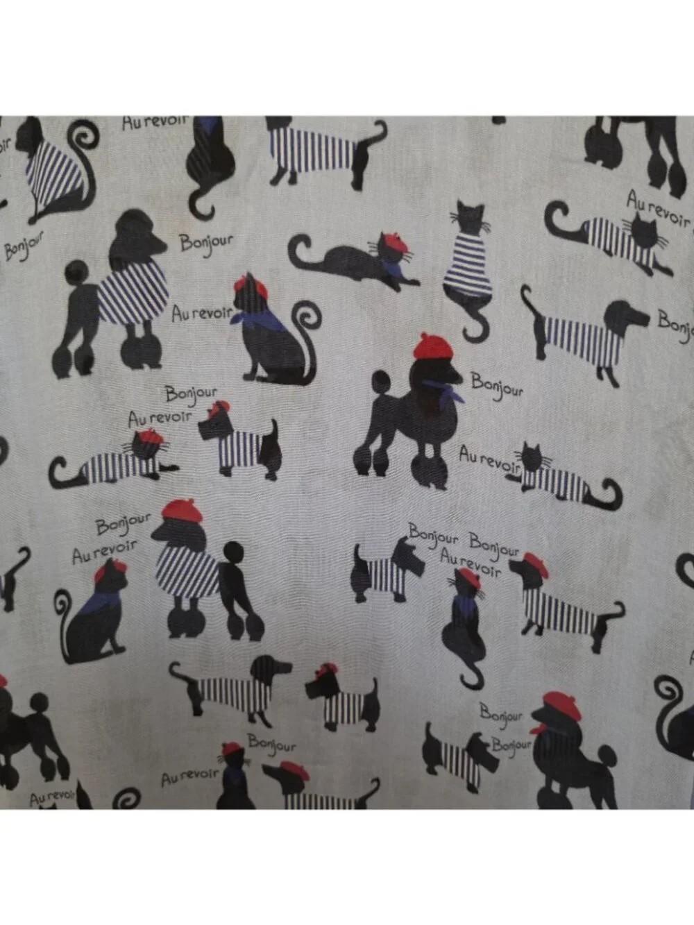 Talbots Paris Bonjour Au Revoir Dog Cat Print Scarf Blue Viscose Wrap Shawl
